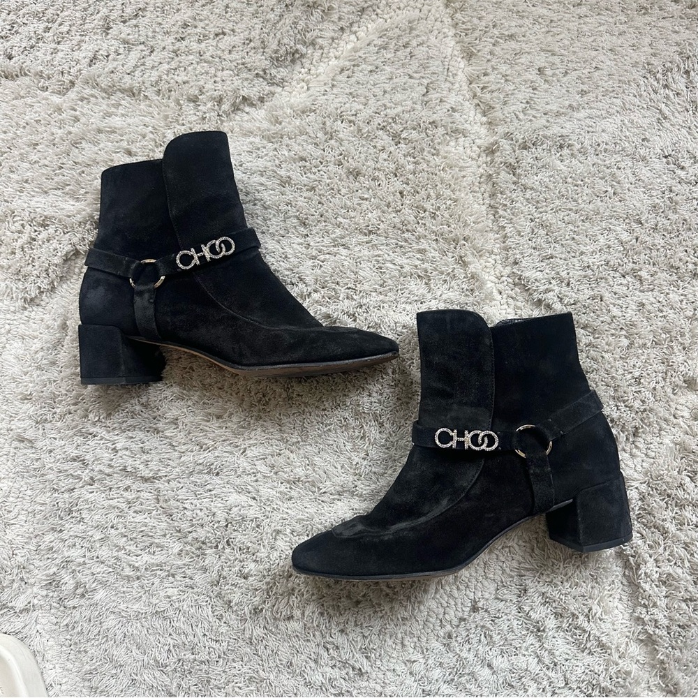 Jimmy Choo Black Suede Ankle Boots square toe 38.5 shoes Malin 40 Crystal Logo